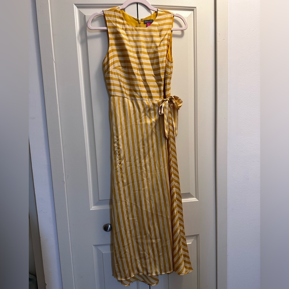 Gorgeous Vince Camuto Formal Dress- Yellow and Silver Stripe Tie Waist Dress